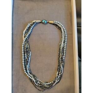 Vintage Layered Beaded Necklace With Large Faceted AB Rhinestone Clasp